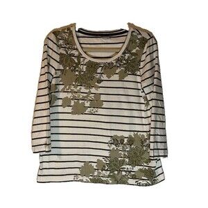 Chico's Zenergy Classic Cream/Army Green w/Floral Design Casual 3/4 Sleeve Top S